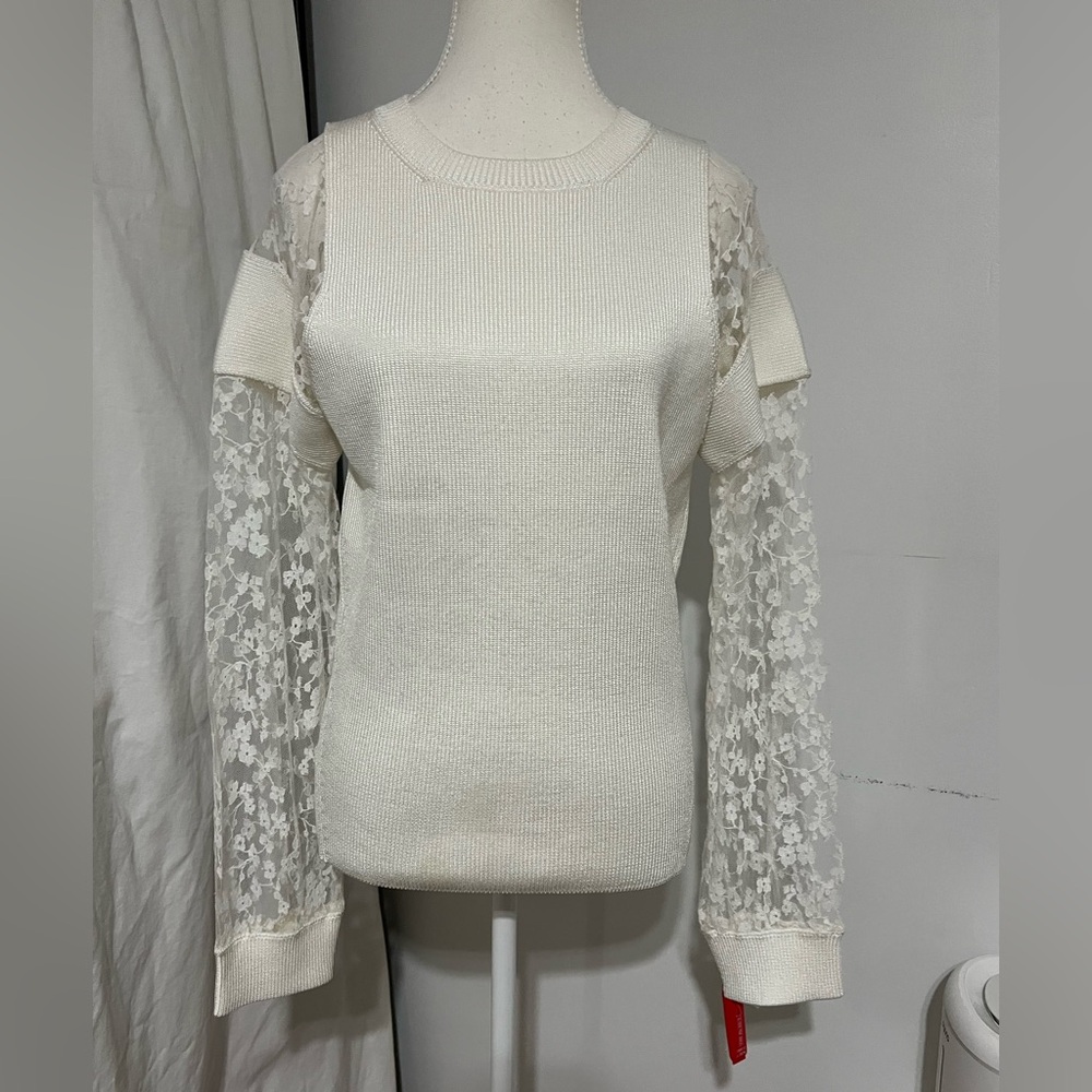 Chloe White Sweater with Lace Sleeves